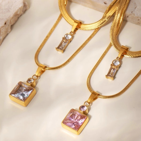 Wedding Vacation Square 304 Stainless Steel Zircon 18K Gold Plated Tassel Double Layer Necklaces