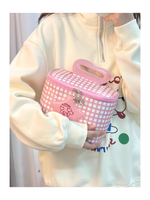 Streetwear Lattice Canvas Sewing Thread Pillow Shape Makeup Bags