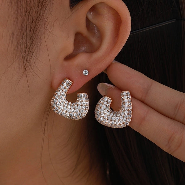 1 Pair Xuping Minimalist C Shape Geometric Inlay Copper Artificial Gemstones 18K Gold Plated Ear Studs