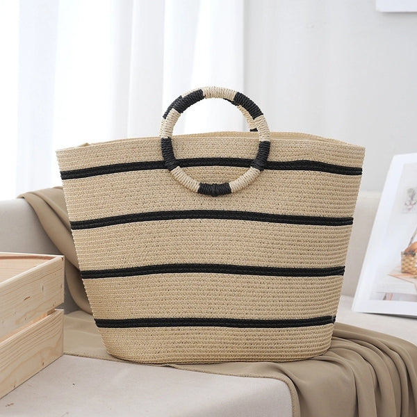 Women'S Paper String Stripe Vacation Sewing Thread Square Open Handbag