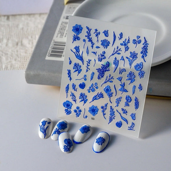 New 5D Luxury Blue Flower Nail Art Stickers Full Nail Adhesive Back Decals Beauty Skin Care Makeup Art